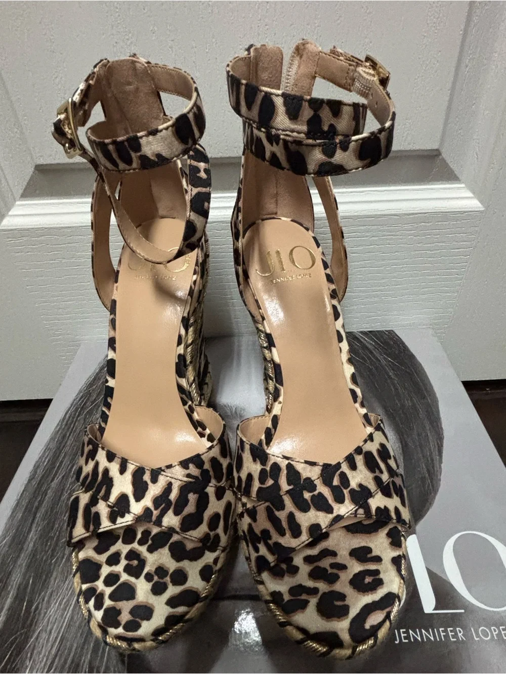Leopard Print Espadrille Wedge Sandals with Ankle Tie